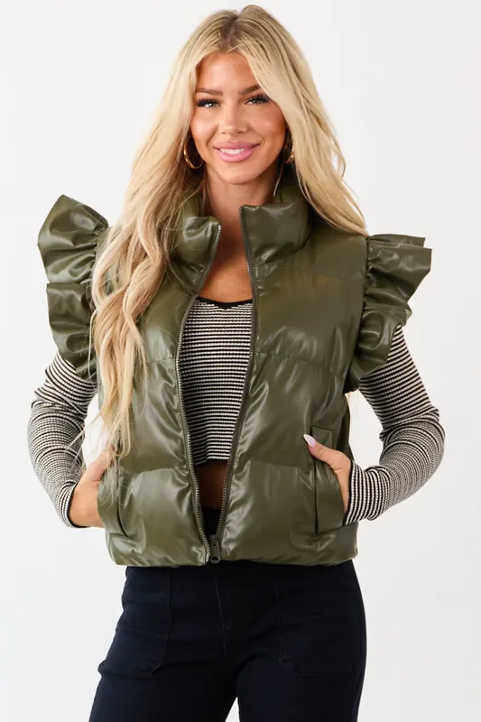 Lovelo Olive Faux Leather Ruffle Sleeve Puff Vest - GeeGee