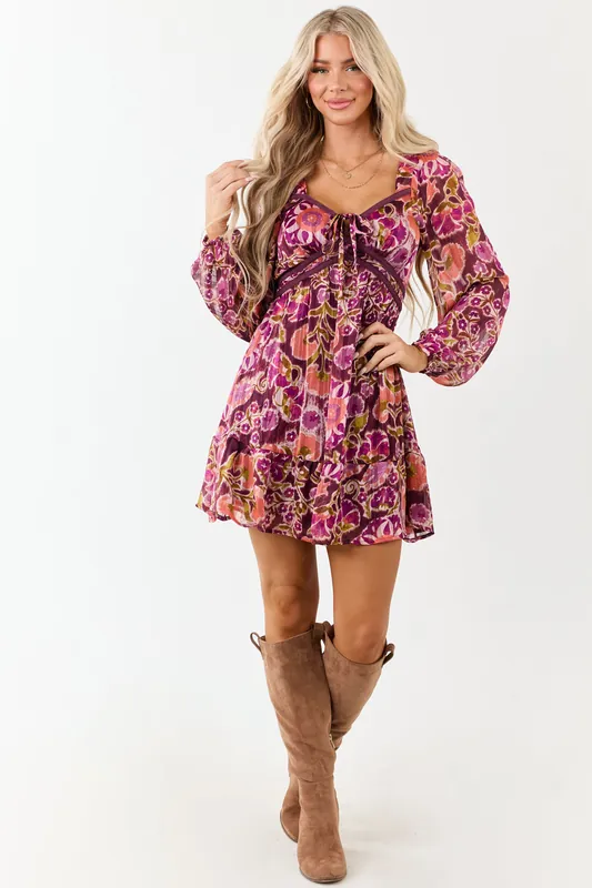 Plum Floral Print Deep V Neck Long Sleeve Mini Dress - Very J