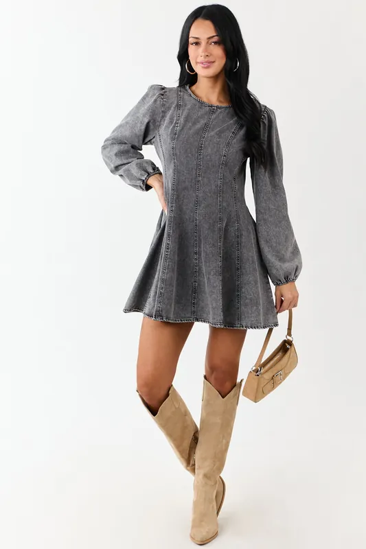 Charcoal Mineral Wash Denim Long Sleeve Mini Dress - Very J