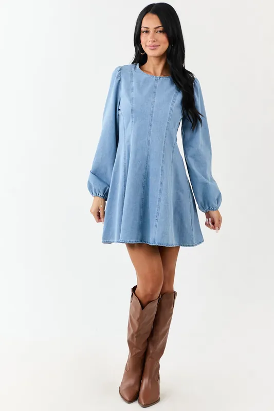 Light Mineral Wash Denim Long Sleeve Mini Dress - Very J