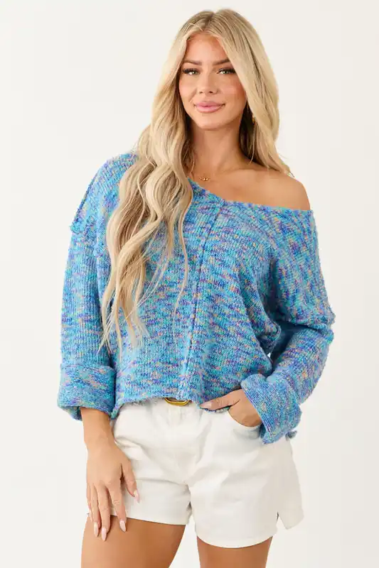 Turquoise Speckled Knit V Neck Front Seam Sweater - Very J