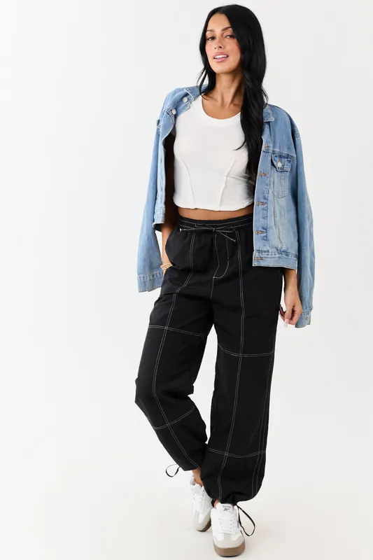 Black Contrast Stitch Wide Leg Drawstring Pants - Very J