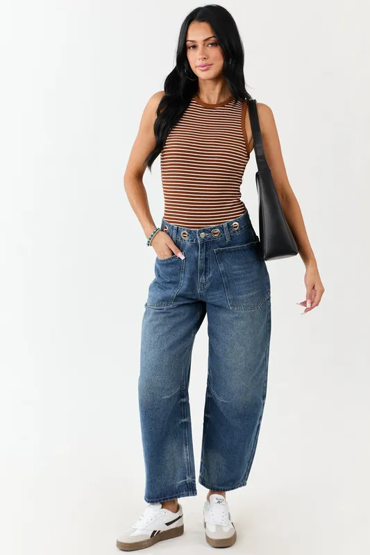 Medium Vintage Wash High Rise Drawstring Barrel Jeans - Very J