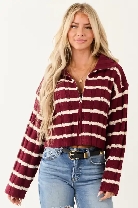 Wine and Cream Striped Zip Up Sweater Jacket - Very J