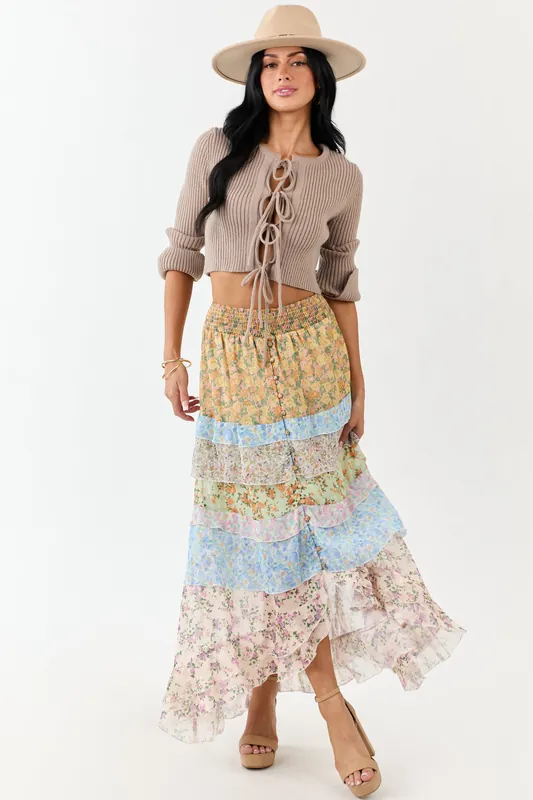 Lemon Multiprint Floral Ruffle Chiffon Maxi Skirt - NoaBoa