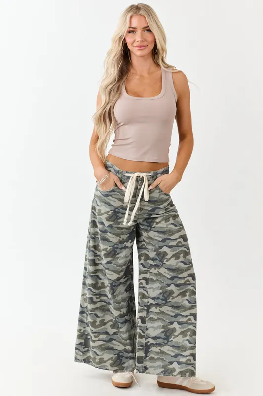 Olive Camo Print Wide Leg Drawstring Denim Pants - NoaBoa