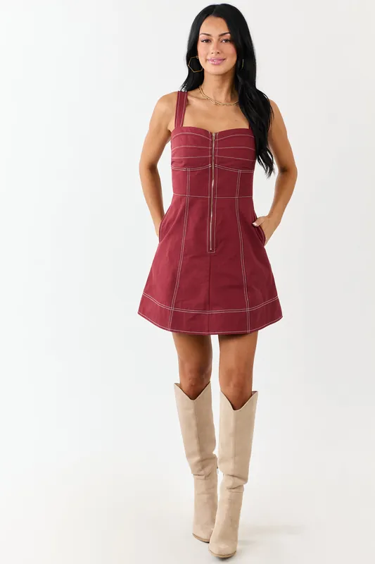 Wine Pintuck Bust Zip Up Denim Mini Dress - Baby Pink