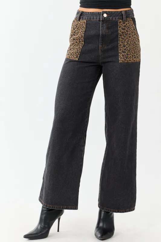 Black Leopard Print Paneling Wide Leg High Rise Jeans - LE LIS