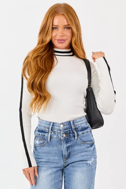White Mock Neck Ribbed Knit Long Sleeve Bodysuit - LE LIS