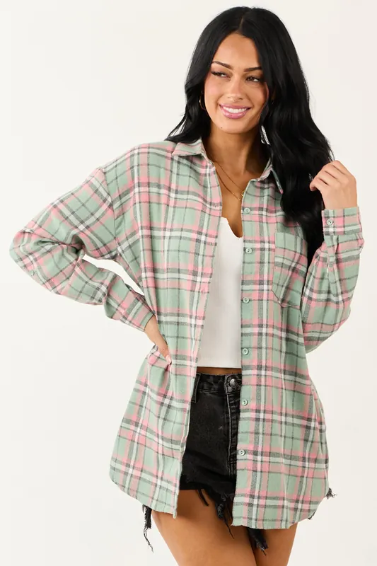 Sage Plaid Button Down Relaxed Long Sleeve Top - Vine & Love