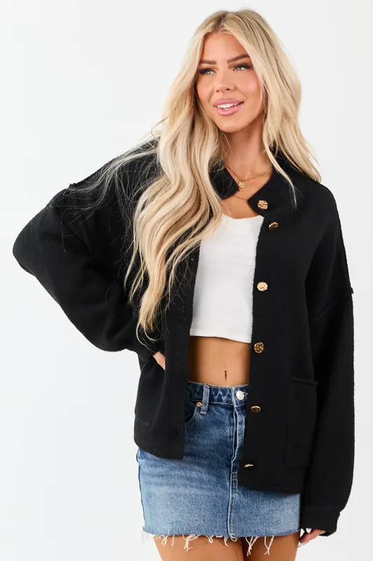 Entro Black Button Up Soft Knit Wool Blend Cardigan