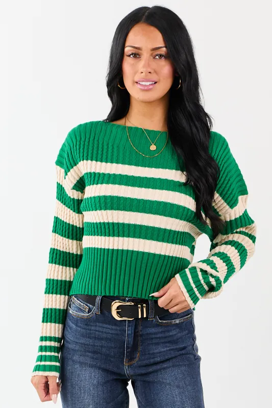 Kelly Green and Cream Stripe Boat Neck Sweater - HYFVE