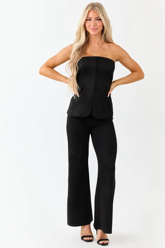 Black Faux Suede Strapless Top and Wide Leg Pant Set - HYFVE