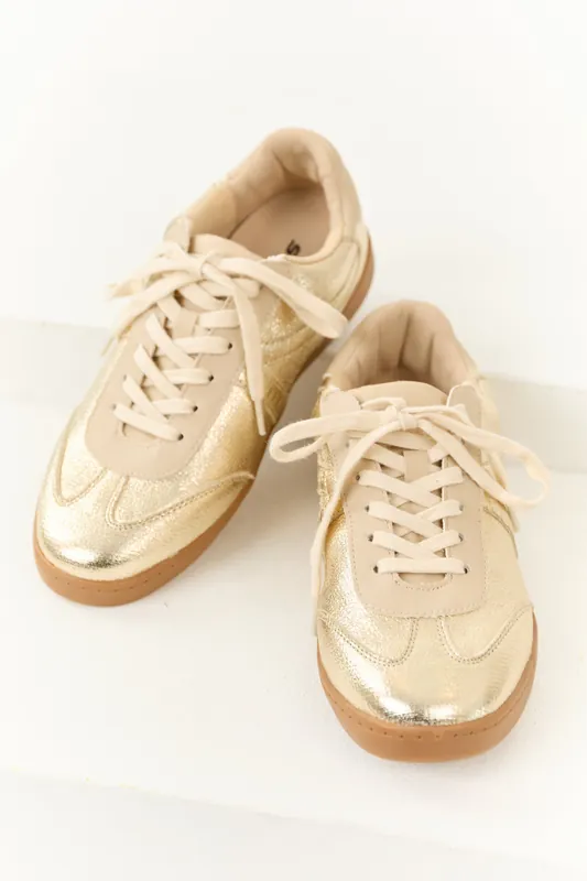 Gold and Beige Lace Up Low Top Sneakers - FORTUNE DYNAMIC