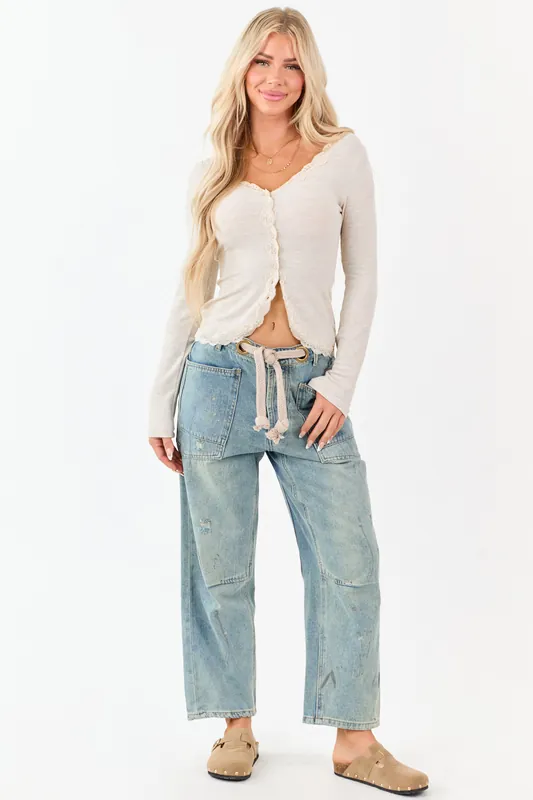 Vintage Wash Paint Drip Tapered Wide Leg Denim Pants - BiBi
