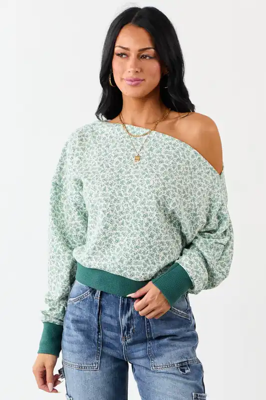 Pine Ditsy Floral One Shoulder Ruched Long Sleeve Top - So Me