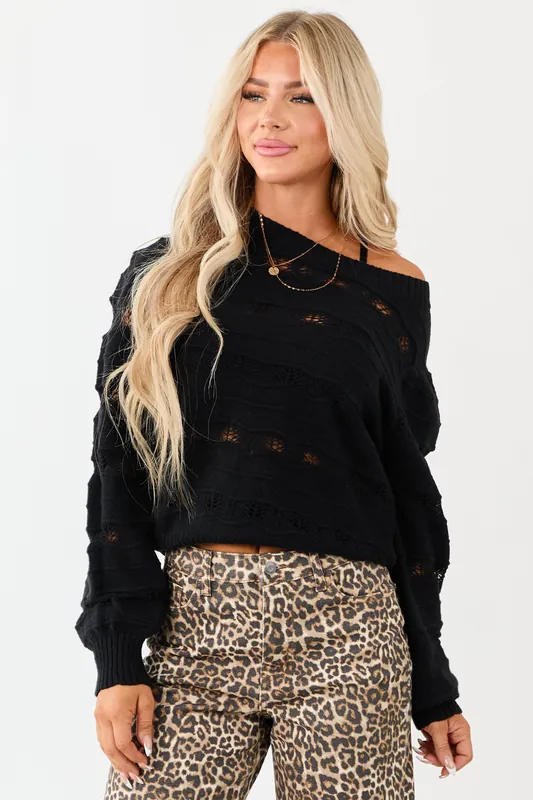 Listicle Black Pointelle Wavy Stripe Knit Sweater