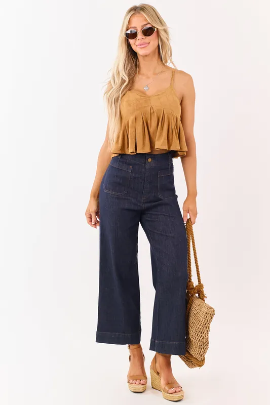 Dark Wash High Rise Patch Pocket Wide Denim Pants - eesome