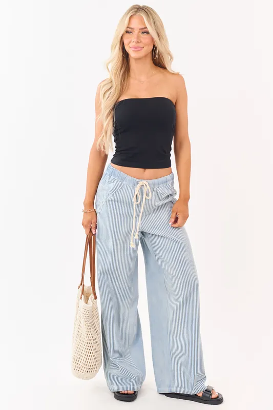 Light Wash Railroad Stripe Wide Leg Denim Pants - eesome