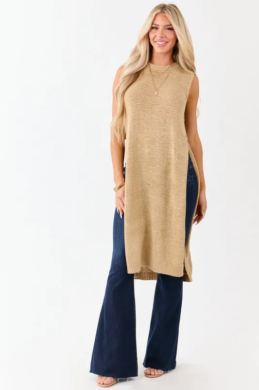 Sand Round Neck Side Slit Sweater Duster Vest - eesome