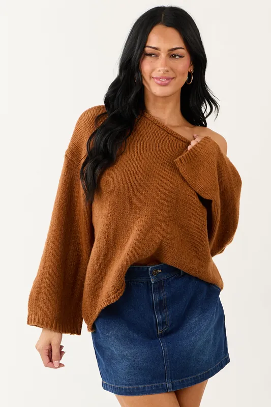 Lovelo Spice V Neck Long Sleeve Chunky Knit Sweater - GeeGee