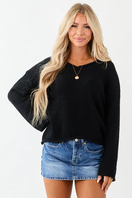 Lovelo Black V Neck Long Sleeve Chunky Knit Sweater - GeeGee