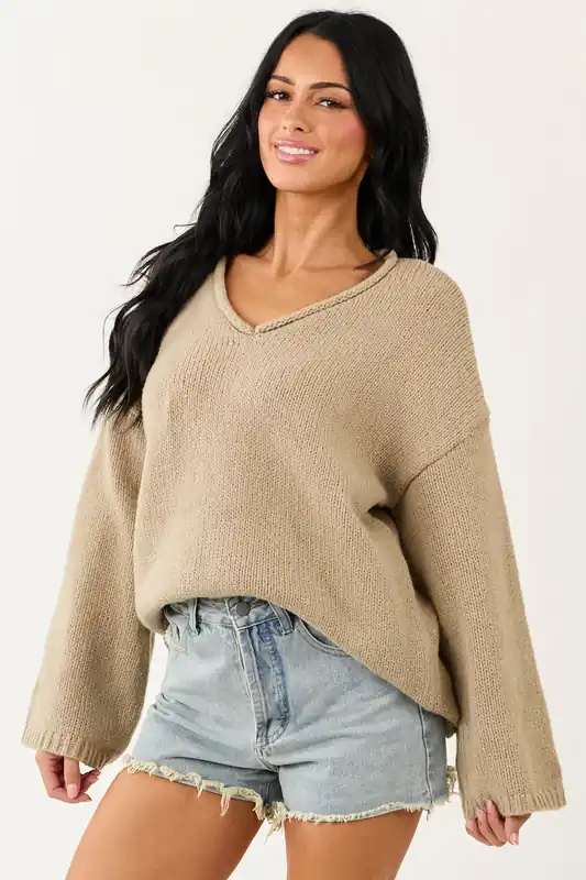 Lovelo Oatmeal V Neck Long Sleeve Chunky Knit Sweater - GeeGee