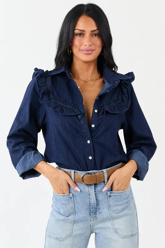Lovelo Dark Denim Button Up Ruffled Long Sleeve Top - GeeGee