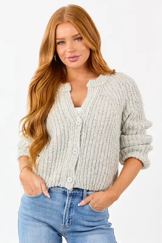 Cloud Grey Ribbed Knit Button Up Cardigan - Promesa