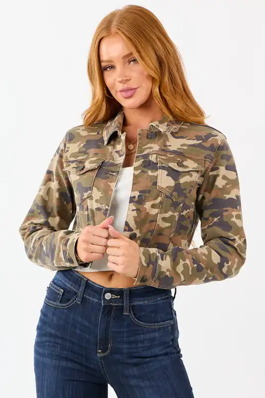 Cello Olive Camo Print Cropped Denim Jacket - Cello Jeans