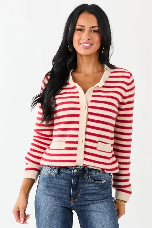 Cranberry and Champagne Striped Button Up Cardigan - Umgee