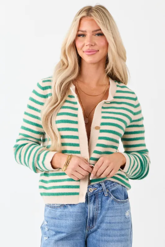 Jade and Champagne Striped Button Up Cardigan - Umgee