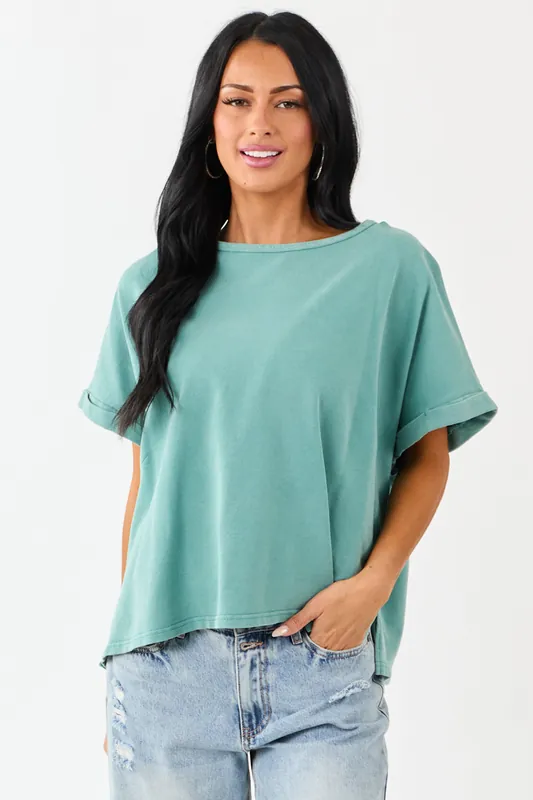 Teal Mineral Wash Short Sleeve Cotton Top - Umgee