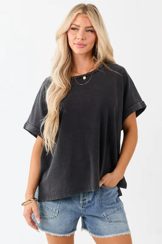 Charcoal Mineral Wash Short Sleeve Cotton Top - Umgee