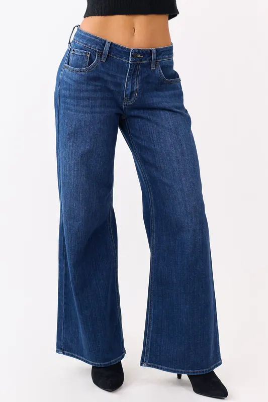 Dark Wash Wide Leg Mid Rise Jeans - Just Panmaco