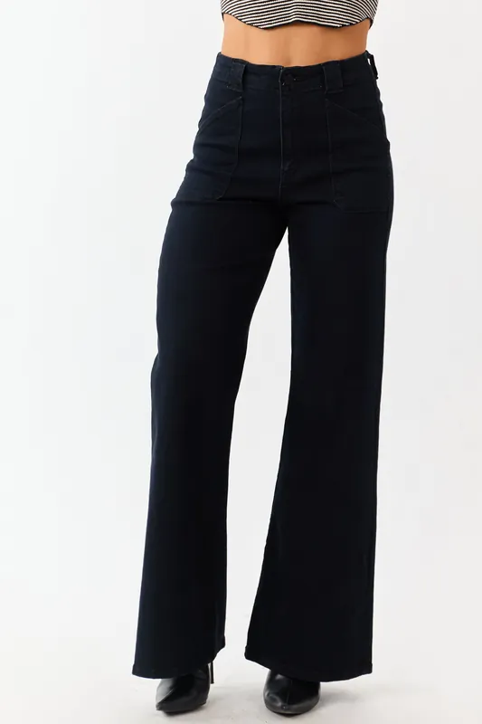 Black Washed Stretchy High Rise Wide Leg Jeans - Just Panmaco