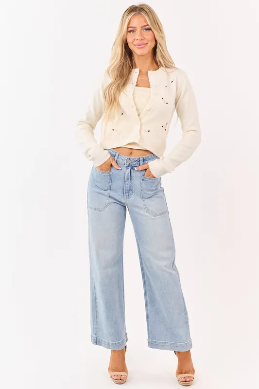 Light Wash Stretchy Wide Leg Utility Jeans - Just Panmaco