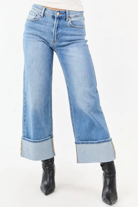 Medium Wash Cuffed Wide Leg Stretchy Crop Jeans - Just Panmaco