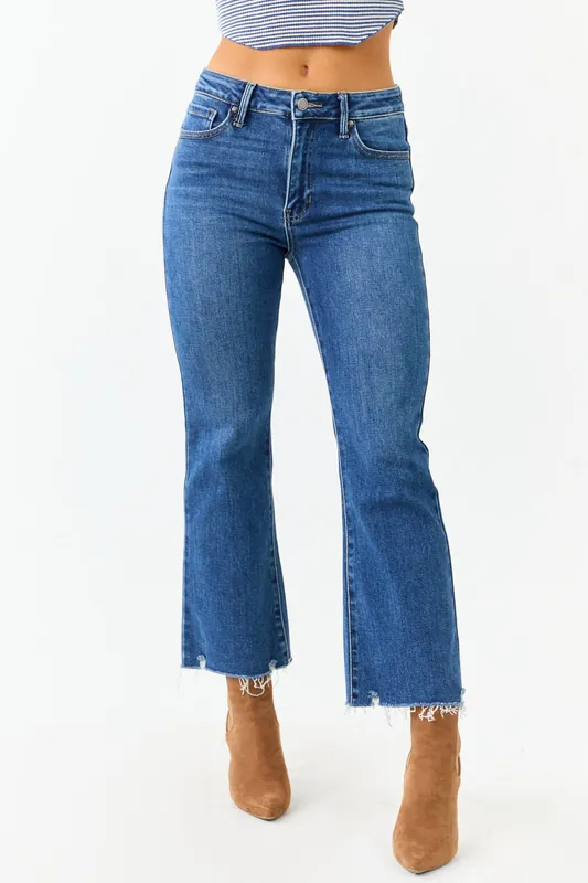 Dark Wash High Rise Cropped Flare Stretchy Jeans - Just Panmaco