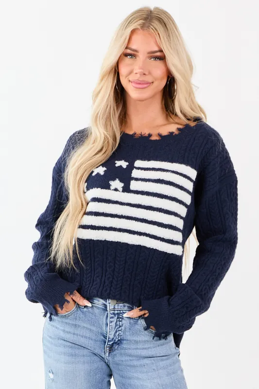 Navy American Flag Graphic Shredded Trim Sweater - Umgee