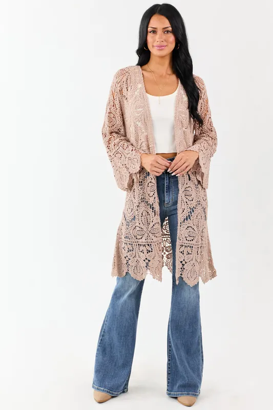 Taupe Open Crochet Bell Sleeve Cotton Duster Cardigan - Bluivy