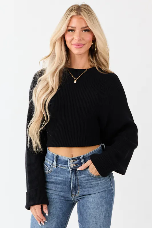Black Mock Neck Back Cut Out Ribbed Sweater - Bluivy