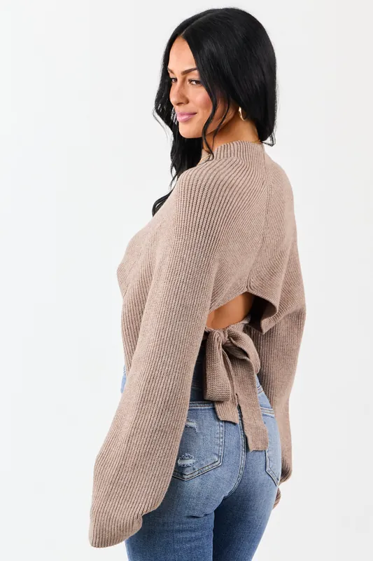 Latte Mock Neck Back Cut Out Ribbed Sweater - Bluivy