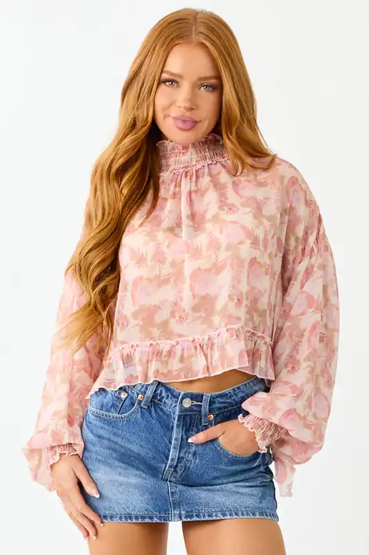 Tea Rose Floral Sheer Chiffon Smocked Trim Top - Bluivy