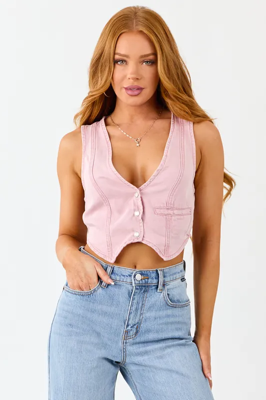 Carnation Button Down Lightweight Denim Crop Vest - Signature8