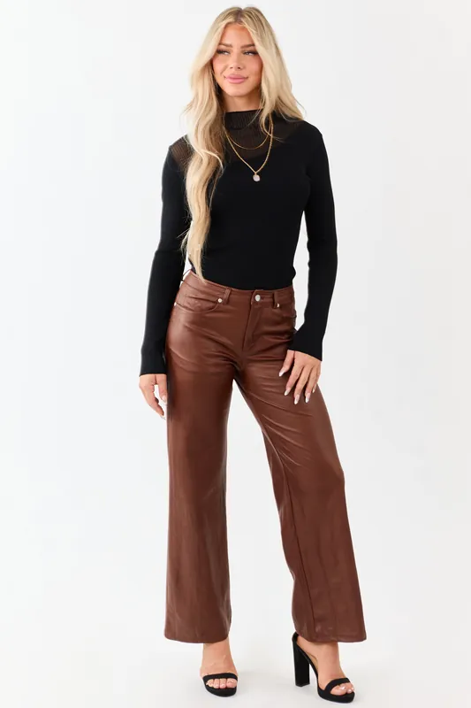 Sepia Textured Faux Leather Wide Leg Pants - LE LIS