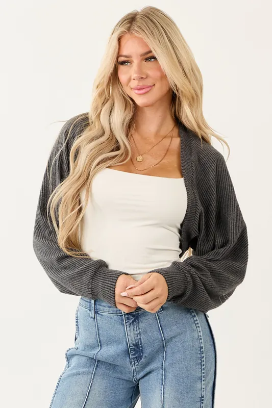 Charcoal Open Front Soft Ribbed Shrug Cardigan - Wasabi+Mint