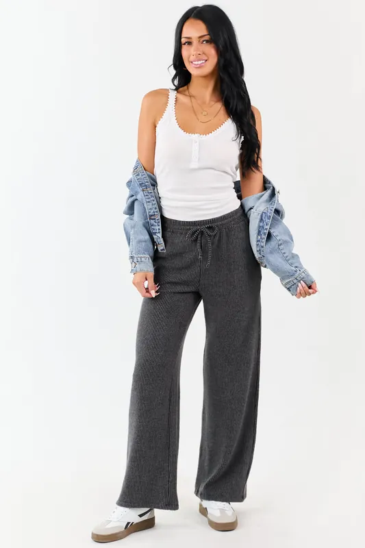 Charcoal Ribbed Knit Drawstring Waist Wide Leg Pants - Wasabi+Mint