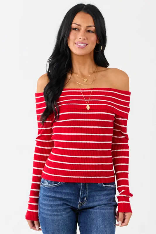 Lipstick Striped Off the Shoulder Fitted Knit Top - Active USA