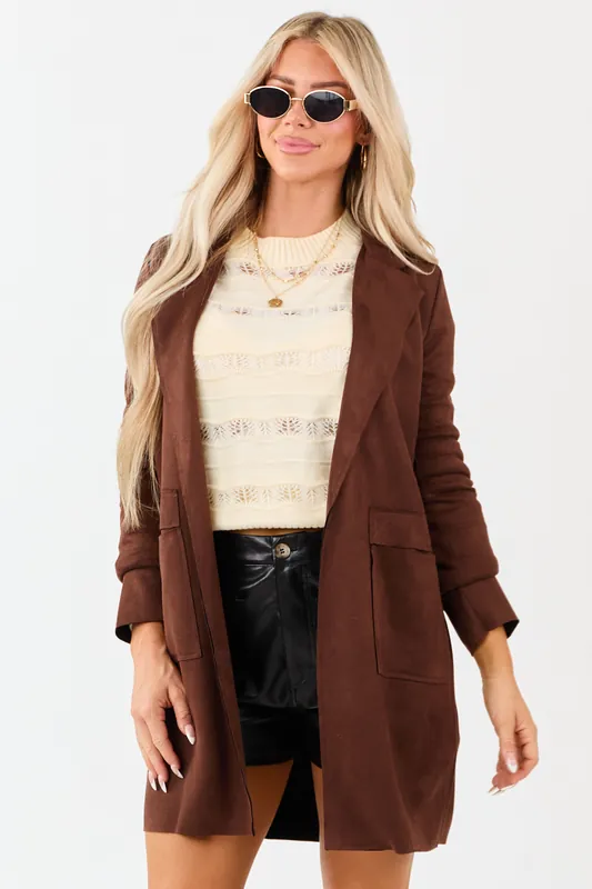 Walnut Faux Suede Open Front Jacket - Active USA